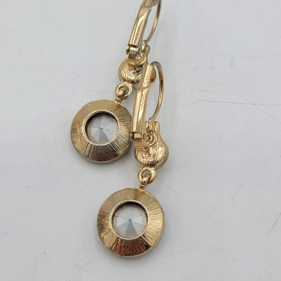 Gold Tone Dangle Earrings Garnet Red & Yellow Rhinestone Bezel Leverback Vintage - Picture 3 of 8